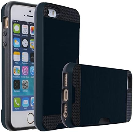 Case Art Plus [Full Degree Protection] Transparent Tempered Glass Screen Protector Film + [Card Slot Bumper] Super Slim Fit Light Case for iPhone 5/5S (Navy)