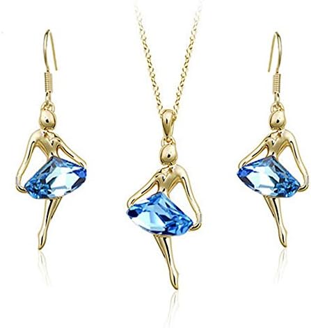 Etrys Dancing Ballerina CZ Blue Gem Dress Pendant Necklace Earring Set Romantic Jewelry