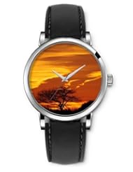 SPRAWL Aanalog Fashion Series Silver Ladies Watches of Genuine Black Leather Strap,Unique Wrist Watch for Women Girls Designed with Sunny and dry orange tree