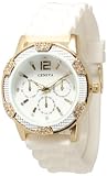 Womens White w/ Gold Chronograph Silicone Rubber Jelly with CZ Crystal Rhinestones Face Bling Bezel