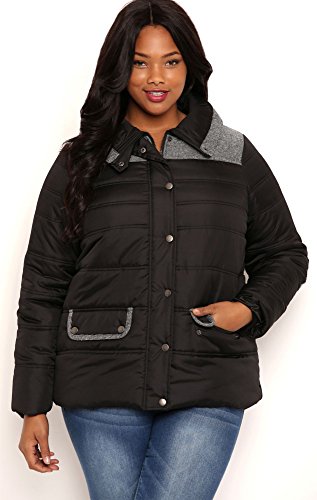 Deb Junior Plus Size Puffer Coat with Tweed Details and Snap Front Pockets Black 2X