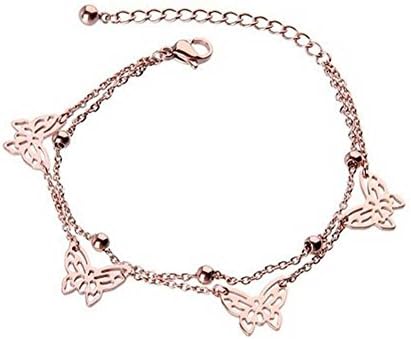 Leaf Heart 14K Rose Gold Plated Titanium Steel Double Butterfly Bracelet/ Anklet .For Women Girls(F1090) (anklet)