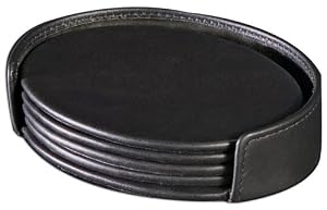 Black Leather 4 Oval Coaster Set with Holder