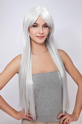 THZ Long Straight Women's Blond Gray Mid-split Bangs Heat resistant Cosplay Anime Full Hair Wigs (Color: Gray)