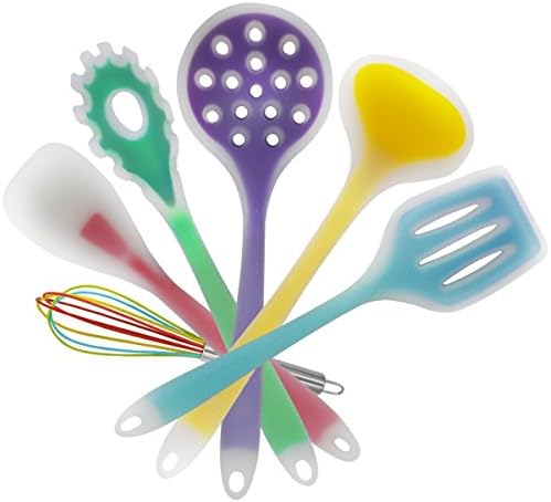KITCHEEK Premium Kitchen Utensils - Set of 6 Includes Silicone Whisk, Spoonula/Spatula, Pasta Fork, Slotted Ladle, Ladle &amp; Slotted Turner - Color Vary