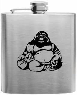 Sumaria Trader stainless steel 6 0z flask laser marked on both sides with Laughing Budha and Any Text