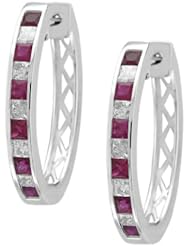 14k White Gold Princess-cut Diamond & Red Ruby Hoop Earrings (2 cttw, H-I, SI2)