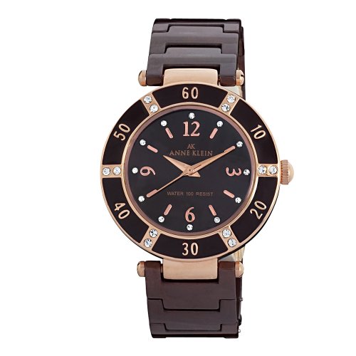 AK Anne Klein Women's 109416RGBN Swarovski Crystal Rosegold-Tone and Brown Ceramic Bracelet Watch
