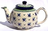 Hand Painted Fine Polish Pottery 5 Cup Teapot Cobalt with Green Border