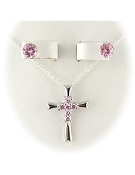 Pink CZ Cross Sterling Silver Pendant Cable Chain Earrings 18 Inch