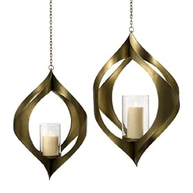 Set of 2 Retro Antique Gold Finish Pillar Candle Lanterns