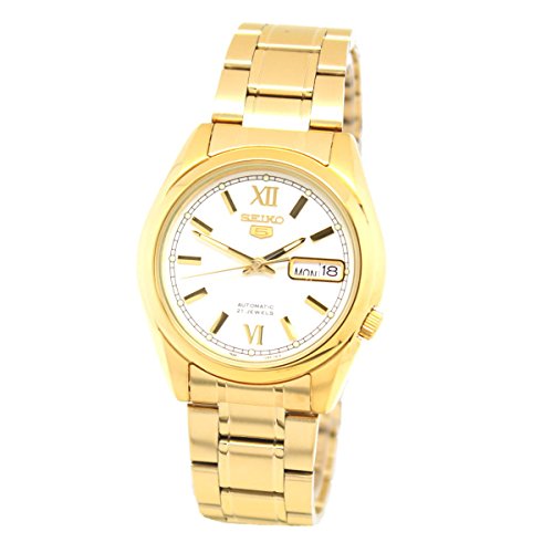 Seiko SNKL58 Mens Seiko 5 Gold Tone Stainless Steel Case and Bracelet White Tone Dial Day and Date Watch