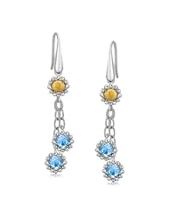 18K Yellow Gold and Sterling Silver Flower Motif Blue Topaz Dangling Earrings