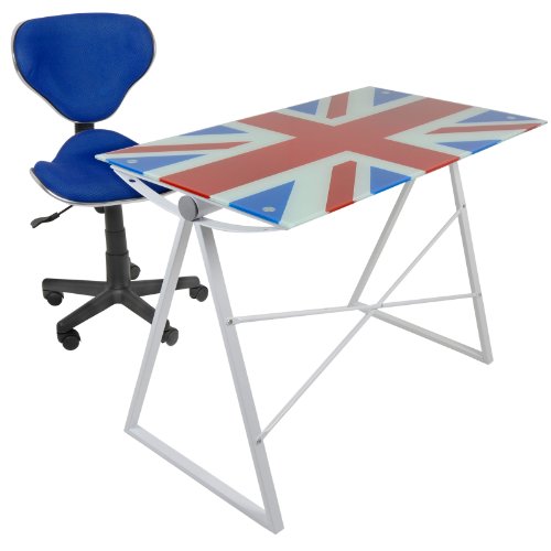 British Union Jack Glass Top Table Desk & Blue Office Computer Chair Seat Set