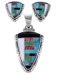 Sterling Silver Multicolor Inlay Jewelry Pendant Earrings Set DS48177