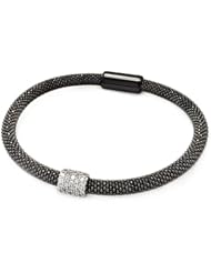 Rhodium Cubic Zirconia Bar On A Black Rhodium Plated Sterling Silver Italian Bead Band Bracelet Length 7 " Bar Width 8mm Lock Magnetic