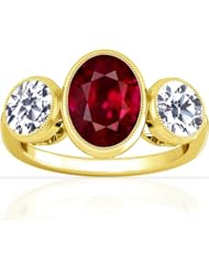 18K Yellow Gold Oval Cut Ruby Three Stone Ring