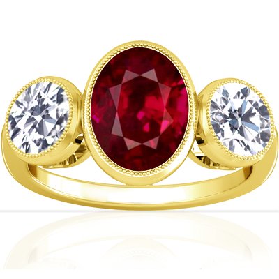 18K Yellow Gold Oval Cut Ruby Three Stone Ring