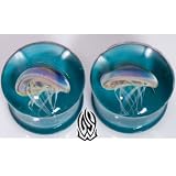 Pair of Glass Double Flared Amber Purple Jellyfish Plugs: 00g Dark Aqua