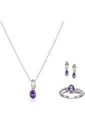 Sterling Silver Oval Amethyst and Diamond Ring, Pendant Necklace, Earrings Box Set, Size 7