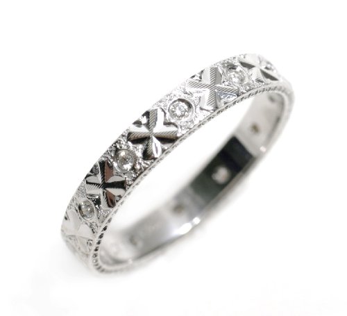 Diamond Engraved Wedding Band or Stacking Ring, 18k White Gold, Ring Size 7.5 TW 0.15