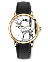 Analog Gold Women Watches Black Leather Wristband - Drawn Deer