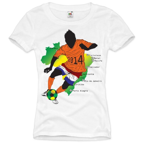 style3 WM Holland Brasilien Fußball T-Shirt für Damen in verschiedenen Farben S-3XL, Farbe:Weiß;Größe:M