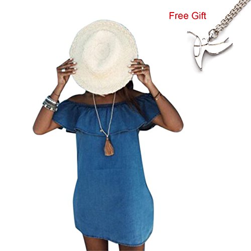 Kingte Womens Blue Jean Legging Off Shoulder Ruffle Mini Dress Silvery Necklace Gift