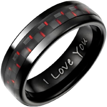 Willis Judd Black Tungsten 7mm Men's Ring with Red Carbon Fiber, Size 9.5