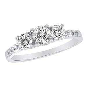 14K White Gold 3 Three Stone Round Brilliant Diamond Ring With Pave Set Shank (1 cttw, H-I/I1) - Size 7