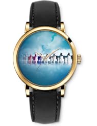 SPRAWL Aanalog Fashion Series Gold Ladies Watches of Genuine Black Leather Strap,Unique Wrist Watch for Women Girls Designed with Lindos horses