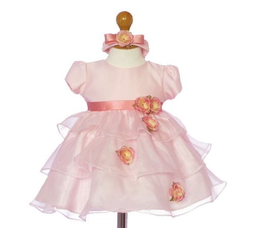 ヘッドバンド付きふんわり３段ベビードレス「ピンク」