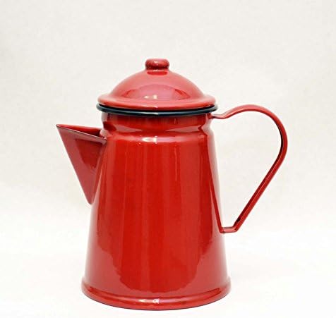 SOLID RED WITH BLACK TRIM ENAMELWARE COFFEE POT-8 INCHES HIGH INCLUDING LID.
