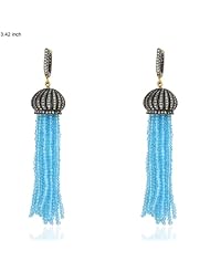 18kt Gold Diamond Pave Natural Blue Topaz Beads Tassel Dangle Earring Silver Jewelry