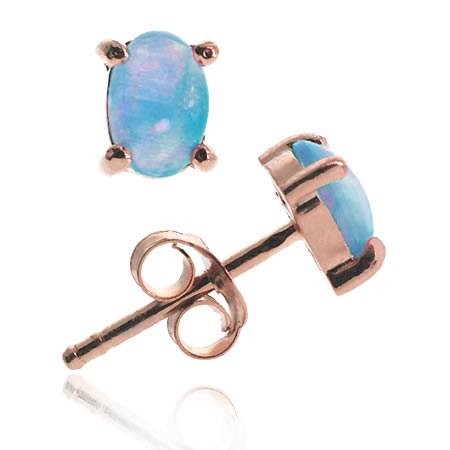 Rose Gold Vermeil (24k Gold over Sterling Silver) Fiery Created Blue Opal Stone oval Earrings