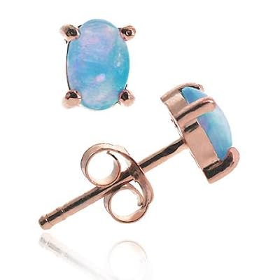 18K Rose Gold over Sterling Silver 6x4 Oval Fiery Created Blue Opal Stud Earrings