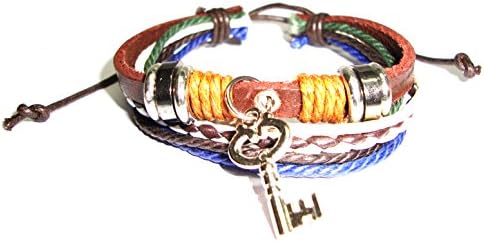 Key Genuine Brown Leather Bracelet with Rope&amp; Beads Rare Unique Fashion Handmade Handcraft Wristband Bracelet#42
