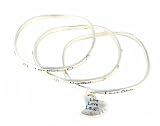 Bracelet - B159 - 3 Pc Bangle Set with Heart Charm - Inscribed with Live Well, Love Much and Laugh Often with Embedded Crystal Stones ~ Silver Tone Metal