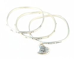 Bracelet - B159 - 3 Pc Bangle Set with Heart Charm - Inscribed with "Live Well", "Love Much" and "Laugh Often" with Embedded Crystal Stones ~ Silver Tone Metal