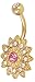 14KT Gold Plated 316L Surgical Steel Pave CZ Simulated Diamond Crystal Sun Flower Belly Ring