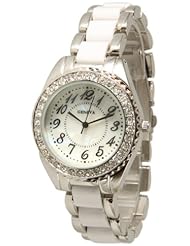 The "Boyfriend" watch. Ceramic Designer Style Fashion Watch with White/Metal Silver band and and White face with Rhinestones