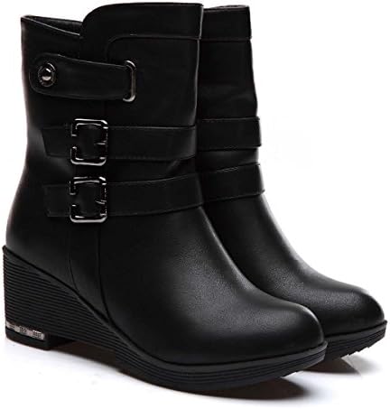 Women's Round Head Mid-Calf Boots Black Leather Shoes with Metal buckle side zipper EU36
