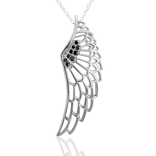 Sterling Silver White Angel Feather Wing Black Diamond Pendant Necklace-0.10 carat