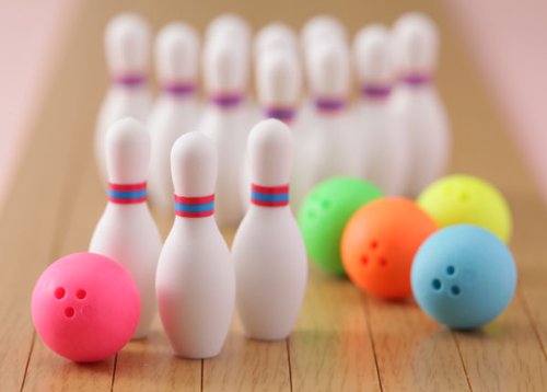 Miniature Bowling Eraser Set (3 bowling pins and 1 Ball) by Iwako Japan