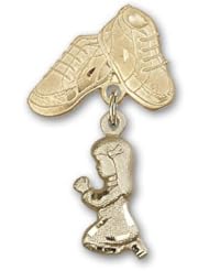 Gold Filled Baby Badge with Praying Girl Charm and Baby Boots Pin