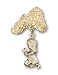 14kt Gold Baby Badge with Praying Girl Charm and Baby Boots Pin