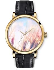 SPRAWL Aanalog Fashion Series Gold Ladies Watches of Genuine Black Leather Strap,Unique Wrist Watch for Women Girls Designed with Branches of wheat