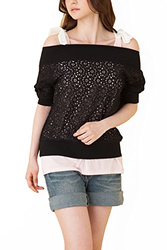 (Goldjapan)ゴールドジャパン 大きいサイズ レディース リボン付き タンクトップ カットソー レース オフショルダー 半袖 半そで チュニック ブラウス Ａライン 体型カバー フォーマル カジュアル エレガント きれいめ 女子会 maru-413182m