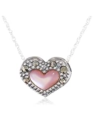Sterling Silver Oxidized Pink Shell and Marcasite Heart Necklace, 18"