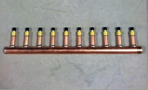 10 Loop 1" Copper Radiant Manifold w/ 1/2" Pex Crimp Fittings